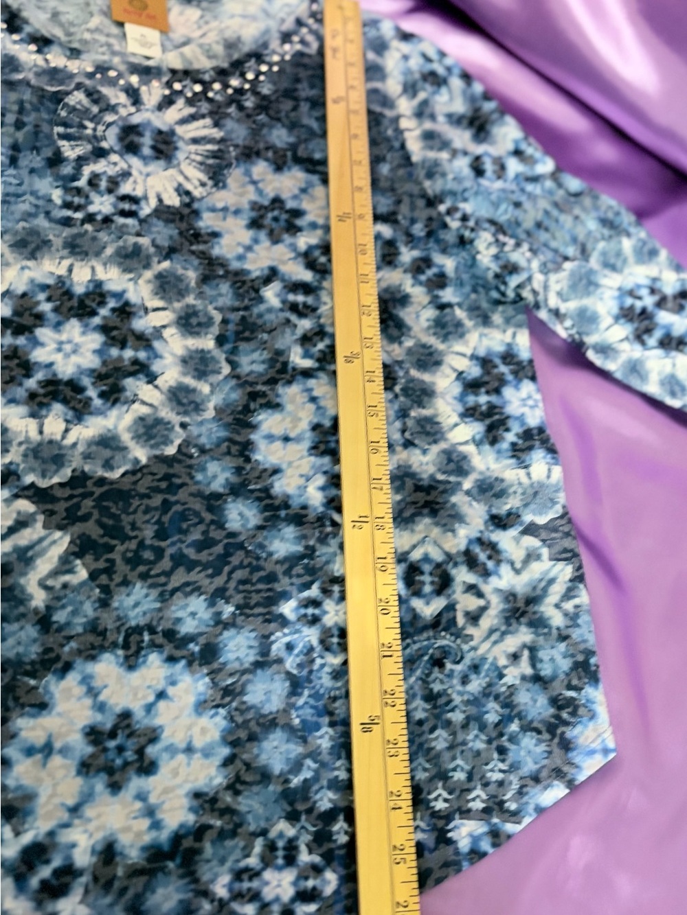 Ruby Rd Blue Floral Mosaic 3/4 Sleeve Women's Top - Picture 4 of 5